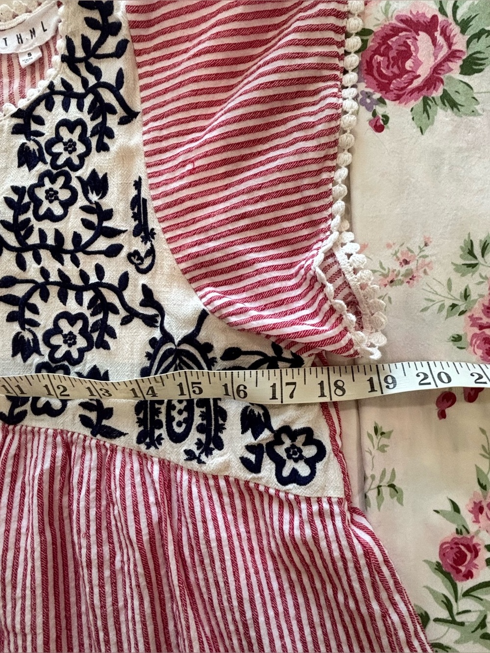 THML Sz S Top Cotton Linen Red White Striped Floral Embroidered Boho Cottagecore - Picture 8 of 10